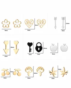 Detailed size chart for stainless steel stud earrings in heart, leaf and floral shapes