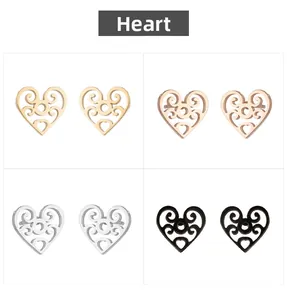 Detailed set of heart-shaped hollow stud earrings in gold, rose gold, silver, and black