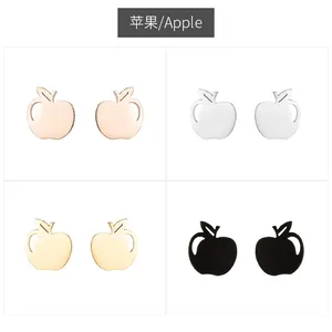 Minimalist apple-shaped stud earrings in rose gold, silver, gold, and black metal finishes