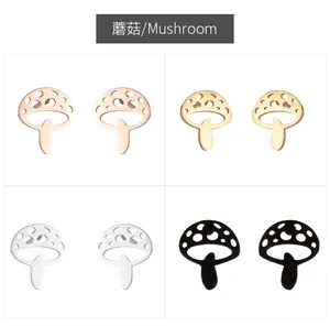 Detailed view of mushroom stud earrings in rose gold, gold, silver, and black finishes