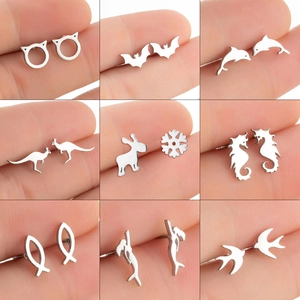 Minimalist Stainless Steel Animal Stud Earrings For Women Cat Bat Dolphin Fawn Snowflake Shape Fashion Jewelry