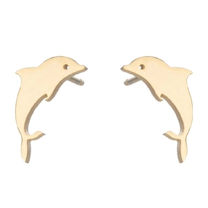 Pair of polished gold dolphin stud earrings for women with sleek metallic finish on white background