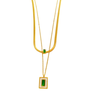 Double-layered gold necklace with square green gemstones and white shell inlay detail