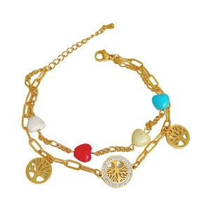 Double-layered golden Tree of Life bracelet with colorful heart charms and lobster clasp