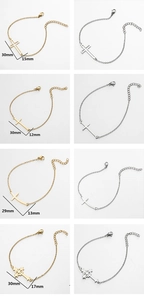 Detailed size chart showing four styles of cross charm bracelets in gold and silver finish
