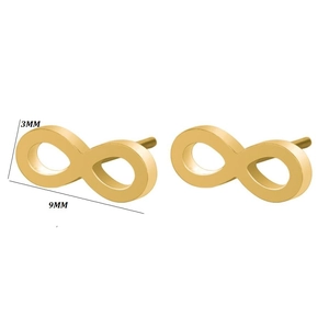 Macro shot showing dimensions of polished gold infinity symbol stud earrings