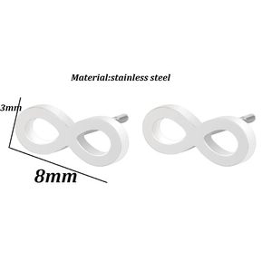 Macro detail of infinity sign stud earring in stainless steel measuring 8mm by 3mm