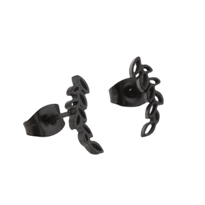 Minimalist matte black stainless steel leaf earrings with hollow vine design for women
