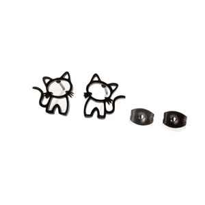 Minimalist black cat hollow ear studs in animal silhouette design with butterfly backs