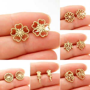 Stainless Steel Hollow Flower Rose Monstera Maple Leaf Stud Earrings For Women Minimalist Fashion Daily Jewelry