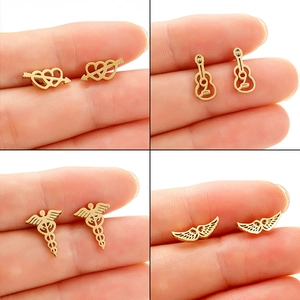 Punk Stainless Steel Stud Earrings For Women Retro Medical Caduceus Heart Guitar Angel Wings Hollowed Out Jewelry Gift