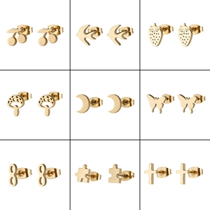Minimalist Stainless Steel Stud Earrings For Women Tiny Butterfly Mushroom Moon Cross Infinity Puzzle Cherry Bird Ear Jewelry