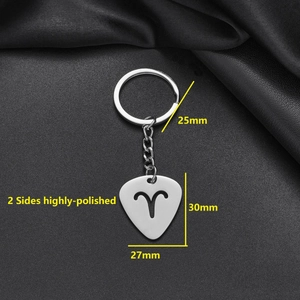 Polished stainless steel Aries zodiac guitar pick keychain with dimensions and size info