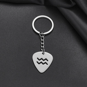 Macro detail of silver stainless steel Aquarius zodiac guitar pick keychain pendant