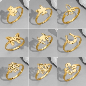 Anello Aperto di Moda in Acciaio Inossidabile per Donna Placcato Oro 18K Farfalla Cava Uccello Gatto Dinosauro Ragnatela Anello Regolabile Gioielli