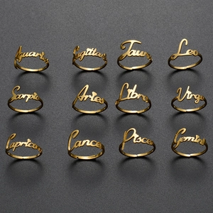 Vintage 18K Gold Plated Stainless Steel 12 Zodiac Constellation Open Ring For Women Adjustable Lettering Finger Ring Jewelry