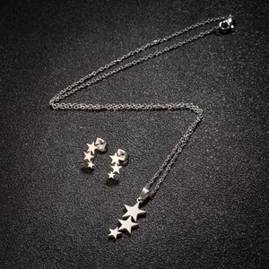 Modern stainless steel jewelry set featuring triple star pendant necklace and stud earrings