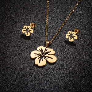 Collier Pendentif Fleur Creuse Et Boucles D Oreilles En Acier Inoxydable Bijoux Floraux Hibiscus Pour Femmes
