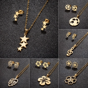 Stainless Steel Hollow Monstera Leaf Floral Musical Note Star Jewelry Set Electroplated Necklace Earrings For Women Daily Jewelry Gift