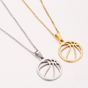 Hollow basketball pendant necklace in gold and silver finish on sleek link chain