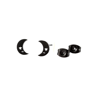 Minimalist black stainless steel crescent moon and star stud earrings for women