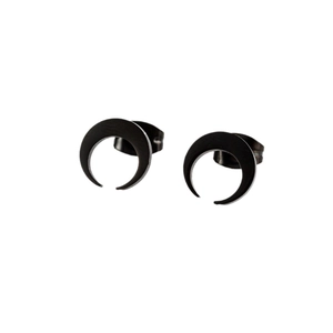 Pair of minimalist black crescent moon stud earrings in matte stainless steel finish