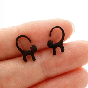 Minimalist black cat silhouette stud earrings in polished stainless steel for women