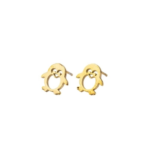 Cute cartoon penguin stud earrings in gold stainless steel with heart design