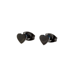 Minimalist heart-shaped black stainless steel stud earrings with polished finish