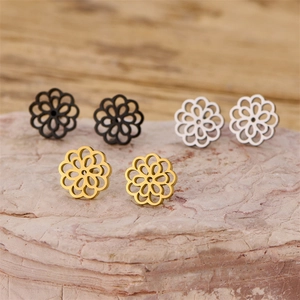 Set of minimalist stainless steel mandala flower stud earrings in black gold and silver