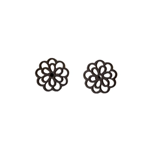 Minimalist black stainless steel mandala flower stud earrings with hollow petal design