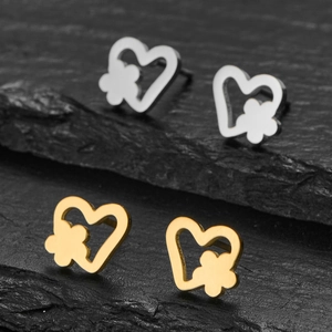 Minimalist stainless steel heart and flower stud earrings in silver and gold finishes