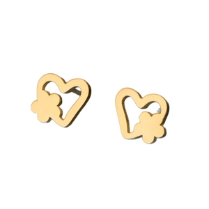 Minimalist gold stainless steel hollow heart stud earrings with floral detail on white background