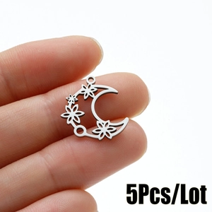 5Pcs stainless steel hollow moon and flower DIY charms for jewelry making