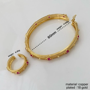 Vintage brushed 18K gold plated cuff bracelet and ring set with red gemstones