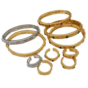 Retro luxury brushed metal bracelet with colorful gemstones and engraved rigato texture