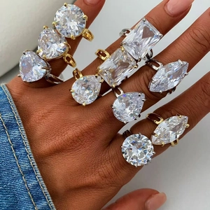 Anello Aperto Regolabile in Rame con Zirconi Moda Cuore Rotondo Rettangolo Goccia Marquise Forma Placcato Oro Argento Gioielli Anello per Donna