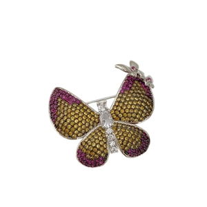 Elegant butterfly brooch with yellow and rose red pavé crystals and silver base