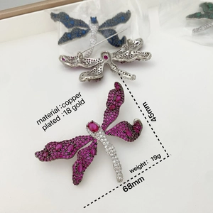 Elegant 18K gold-plated dragonfly brooch with pink cubic zirconia stones (68x45mm)