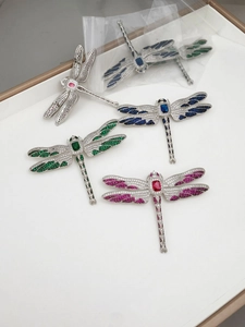 Détails macro de broches libellules avec micro-pavé de zircons cubiques et pierres colorées
