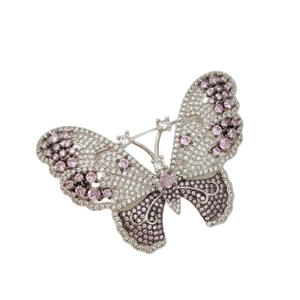 Elegant silver butterfly brooch with pink gemstones and sparkling zircon inlay