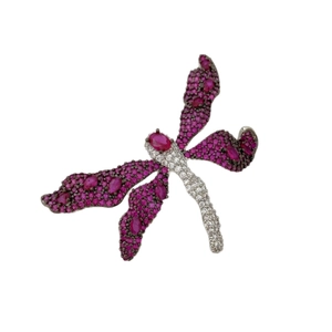 Elegant dragonfly brooch with magenta and white micro-pave crystals on silver base