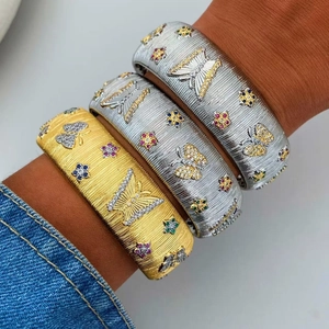 Luxury 18K Gold Plated Copper Bangle Ring Brushed Metal Colorful Zirconia Butterfly Flower Adjustable Jewelry Women