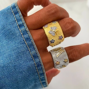 Italian style brushed gold and silver rings with colorful zircon butterfly and flowers