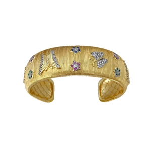 Italian style brushed 18K gold plated cuff bangle with colorful zircon butterflies and stars