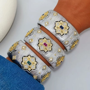 Italian Style Rigato Texture Brushed Cuff Bracelet Ring Set Gold Silver Plated Copper Zirconia Flower Jewelry For Women
