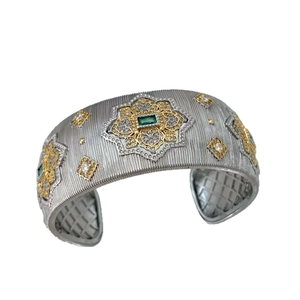 Vintage brushed silver and gold open cuff bracelet with green gemstone and zircon