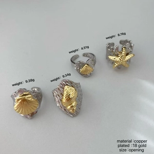 Marine themed adjustable rings featuring seashell and starfish in 18k gold plated copper