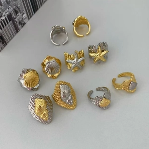 Ocean series 18k gold and silver two-tone plated open rings with seashell and starfish shapes