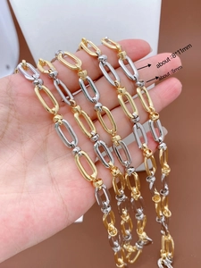 Detail of two-tone gold and silver metal chain link with 8x11mm oval and 5mm circular links
